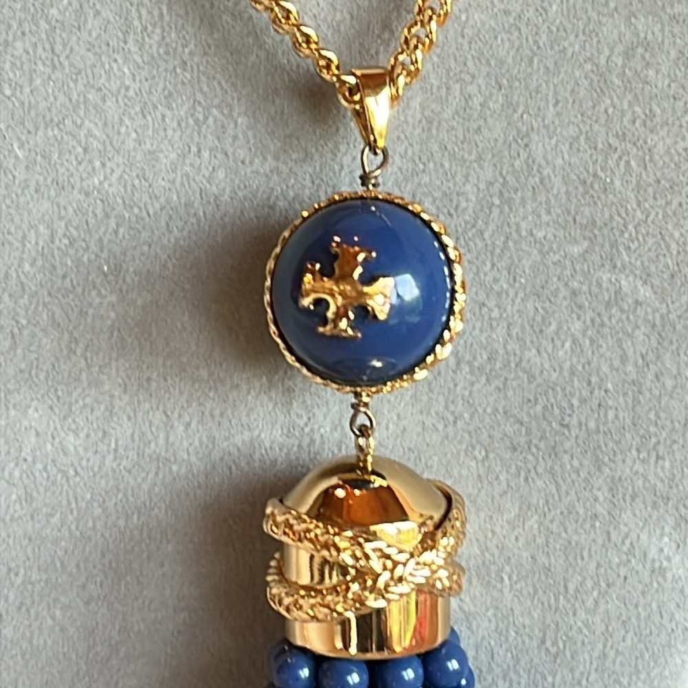 Tory Burch Gold and Blue Beaded Tassel Necklace - Picture 2 of 10